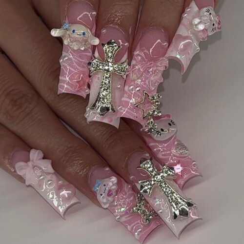 JP3555-Coquette Leopard Coffin Nails: Diamond Dust French Tips & Pink Glitter | Waterproof Pro Glam