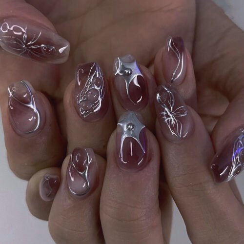 JP3540-Ethereal Ballet Press On Nails: Silver Flame Flowers & Smokey Ombre​​ ​​*Reusable Waterproof Manicure - Elevate Your Essence in 5 Minutes​​*