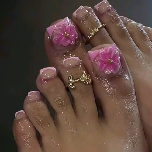 JP3814-Effortless French Toe Nails with 3D Flowers | Reusable Summer Pedicure Kit​