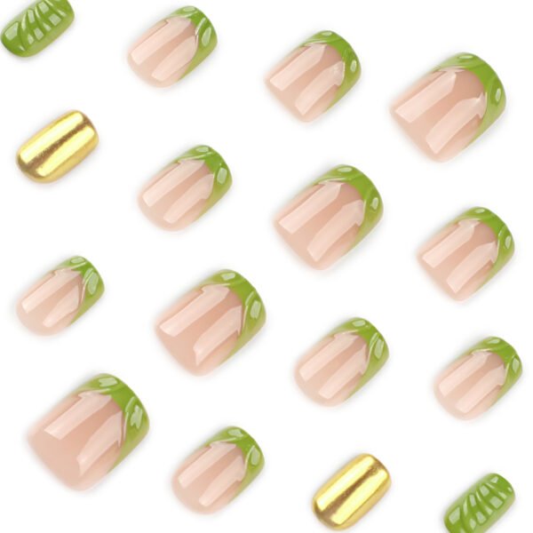 O1CN01mL5aw32NGHz55X1f8_!!4234819935-0-cib JP3992-Fresh Green French Press-Ons with Gold Mirror & 3D Accents | Reusable Salon Nails