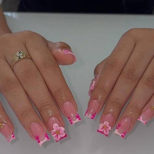 JP3894-French Pink Zebra Nails | Medium-Length Square Press-Ons with 3D Florals