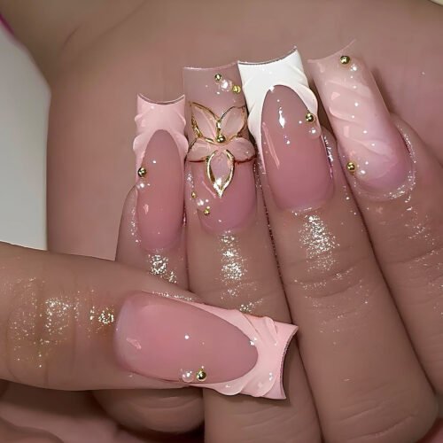 JP3778-Captivating French Waves: Sculpted 3D Floral Press-On Nails | Waterproof & Reusable Salon Dupe ​​Runway-Ready Hands in 90 Seconds: Where Artistry Meets Resilience​