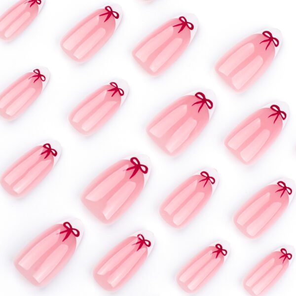 JP3637-French Almond Press On Nails with Red Bow - Reusable Luxury Valentine's Nails (Waterproof)​​  ​​Get Salon-Perfect Valentine’s Manicures in 10 Minutes - No Appointment, No Damage!