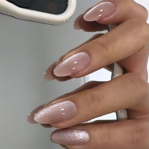 JP3727- French Almond Press On Nails | Sweet Pink Cat Eye Reusable Gel Nails | Salon Alternative​