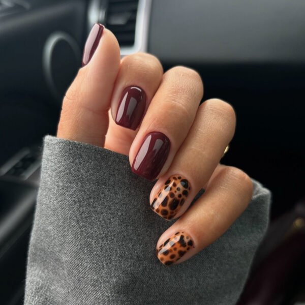 JP3603-Maillard Fall Press On Nails: Burgundy, Leopard & Square French Tips - Reusable Luxury ​​Embrace Autumn’s Edge: Salon-Worthy Style in Minutes, Not Hours.​