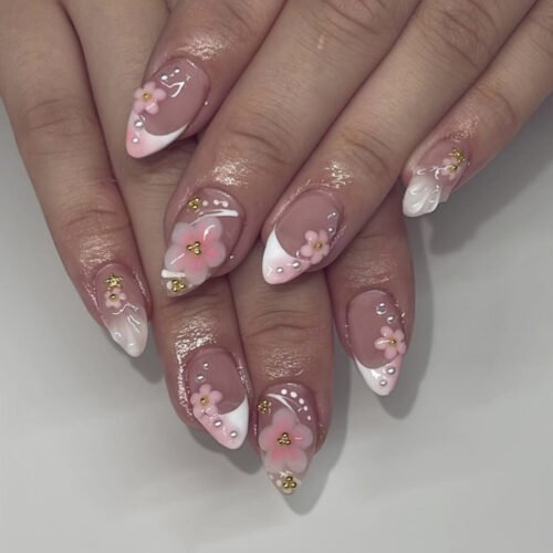 JP3860-French Almond Press On Nails | Easy Short Summer Nails with 3D Flowers | Reusable Gel Nails​