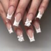 JP3890-Matte French Press On Nails | 3D Flower & Bow French Tips Reusable Mid-Length Square Nails - Waterproof Artisan Details