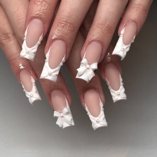 JP3890-Matte French Press On Nails | 3D Flower & Bow French Tips Reusable Mid-Length Square Nails - Waterproof Artisan Details