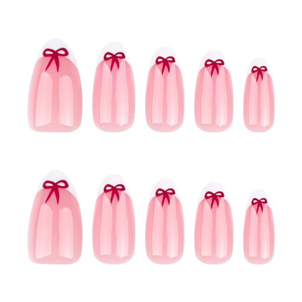 JP3637-French Almond Press On Nails with Red Bow - Reusable Luxury Valentine's Nails (Waterproof)​​  ​​Get Salon-Perfect Valentine’s Manicures in 10 Minutes - No Appointment, No Damage!