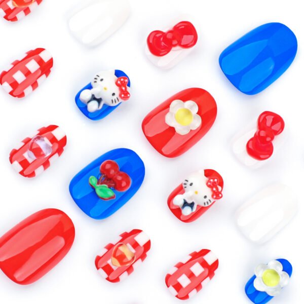 JP3570-Kawaii French Press On Nails: 3D Cats, Flowers & Plaid Charm ​​Your Salon-Cute Solution: Reusable Japanese Nail Art in Minutes!​