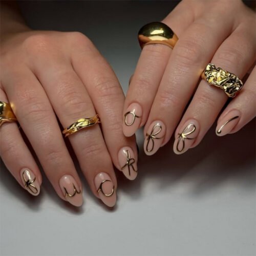 JP3791-Gilded Whisper Almond Nails: Reusable Press-Ons with 3D Liquid Gold Bows​