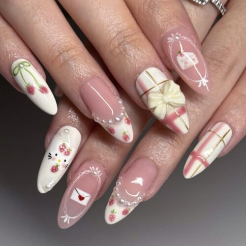 JP3915-Bonbon Brilliance Almonds: Strawberry Bow Press-Ons | Irresistible Parisian Sweetness ​​Salon Cuteness Crumbling? Your Joy Blooms in 9 Minutes.​