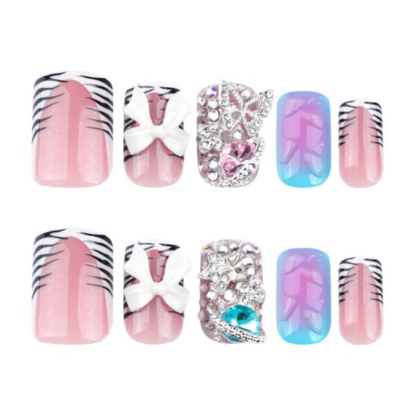 JP3654-Effortless Luxury: Reusable Zebra Print French Nails w/ Dazzling Diamonds ✨