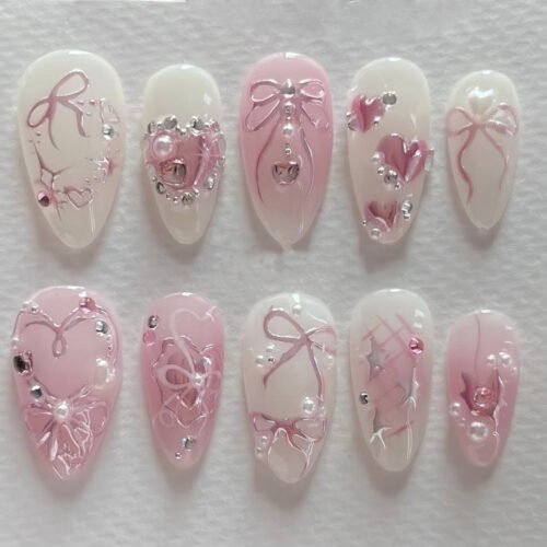 JP3888-✨ ICONIC SPARKLE ALMONDS: Reusable Glam French Tips | Hearts, Bows & Dazzle Salon-Free ​​Salon Rhinestones Crumbling? Dominate Dazzle in 9 Minutes.​
