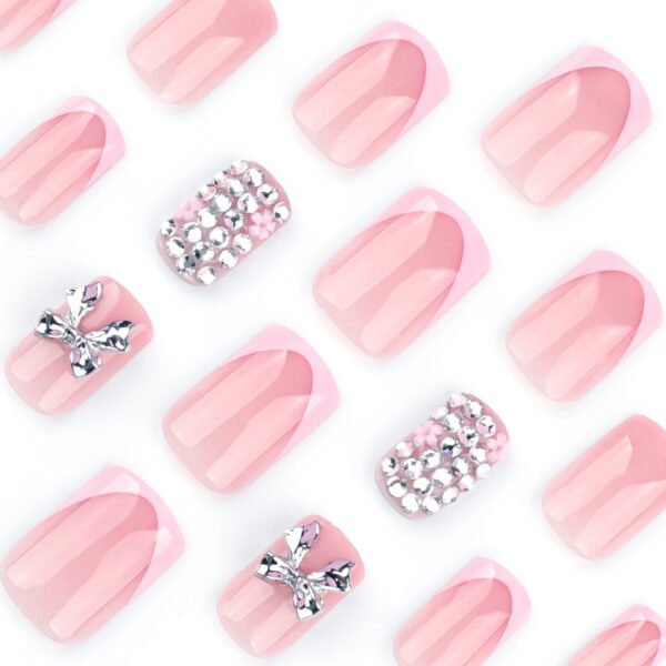 JP3658-Effortlessly Bold French Tips: Reusable Metal Bow Nails w/ Bling ✨
