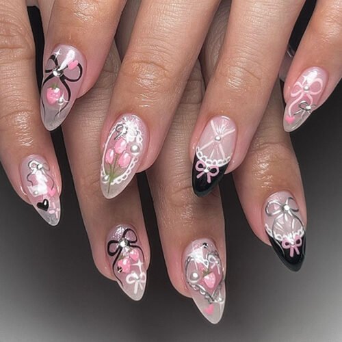 JP3751-Secret Garden Almond Nails: Reusable Press-Ons with Gentle Tulips & Bunny Charm