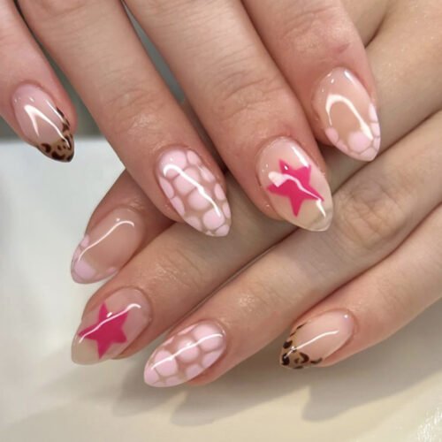 JP3941✨ Rebel Heart French Tips: Red Star & Leopard Almond Press-Ons | Salon-Free Daring ​​Tired of Salon Handcuffs? Wear Your Wild Side.​