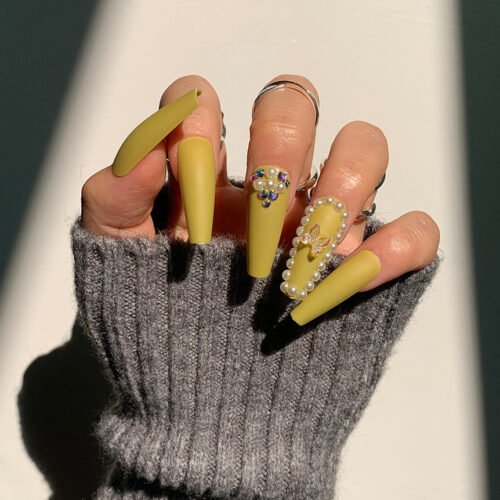 JP1312-✨ Unlock Unapologetic Glam: Mustard-Glow Crystal Butterfly French Tips | Ultra Long T-Shape Reusable Press-Ons