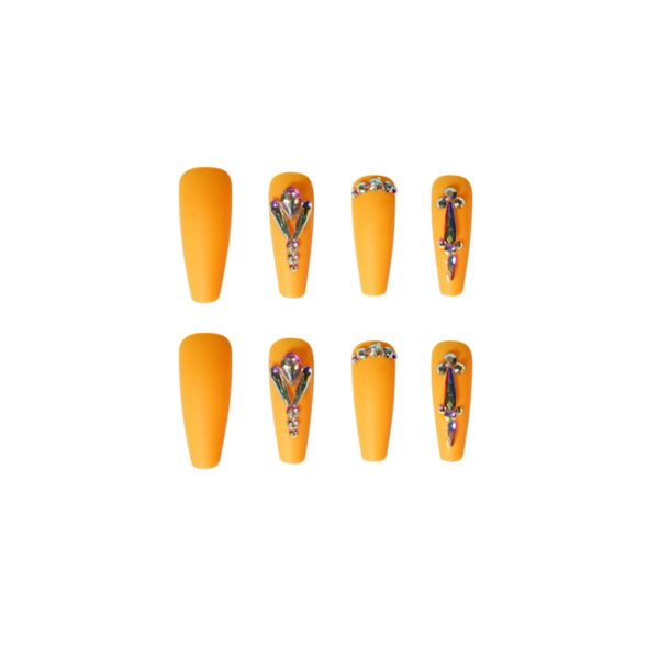JP1313-Sunset Glam at Your Fingertips: Extra Long Reusable Coffin Press Ons - Vibrant Orange French Tip with Diamonds