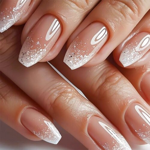 JP3736-Liquid Silver Ballet Press-Ons: Reusable French Fade Nails | Waterproof High-Design Glam