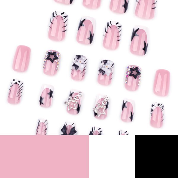 JP3651-Reusable French Press On Nails | Zebra Print & Crystal Stars w/ Detachable Bow Salon-Worthy Manicures in 5 Minutes - Waterproof & Damage-Free