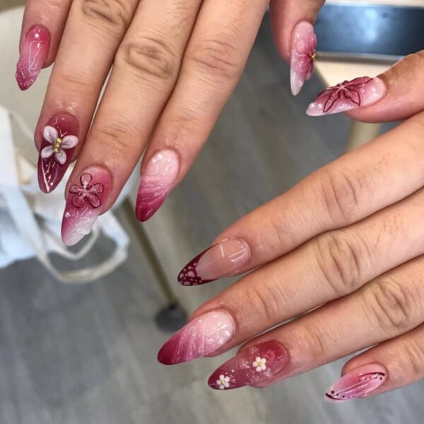 JP3780-Impressionist Almond Press Ons | 3D Florals + Watercolor French Tips (Reusable Waterproof Short)​​ ​​Subtitle:​​ Wearable Art for Your Fingertips 🎨 Salon-Grade 3D in 8 Minutes – No Dry Time, No Commitments  (Hero Image: Hands with 3D floral nails styling art books beside espresso cup + dried botanicals)