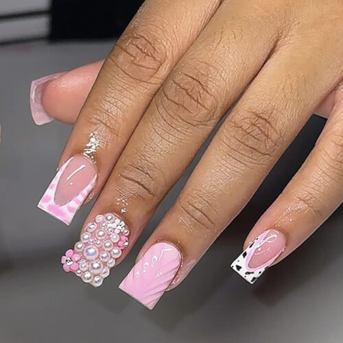 JP3675-Your Water Wave French Fantasy: Reusable 3D Pearl & Leopard Nails ✨