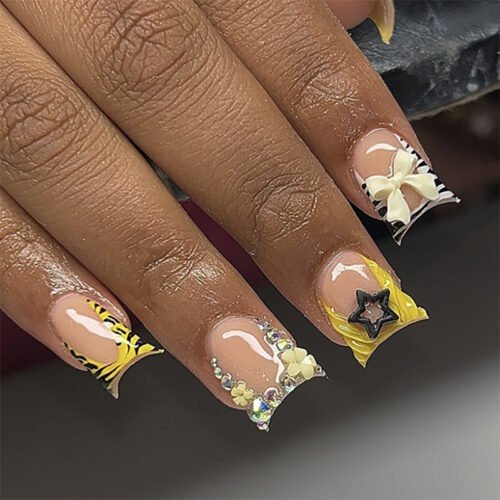 JP3656-Zebra French Press-On Nails | Reusable Animal Print Square Tips (Mid-Length)