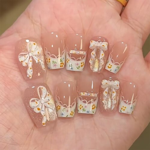 JL0681-Chic French Ballet Press-Ons with 3D Bows & Cat-Eye Shine | Reusable Salon Nails at Home