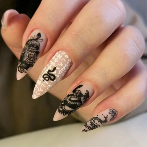 JP1585-Forbidden Florals: Reusable Noir French Stiletto Press-Ons | Venomous Elegance, Zero Salon Chains