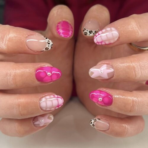 JP3942-Starry Parisian Nights: Rose Gold French Almond Press-Ons with Florals & Stars​​ ​​Salon-Grade Magic in 90 Seconds? Oui, Chef.​