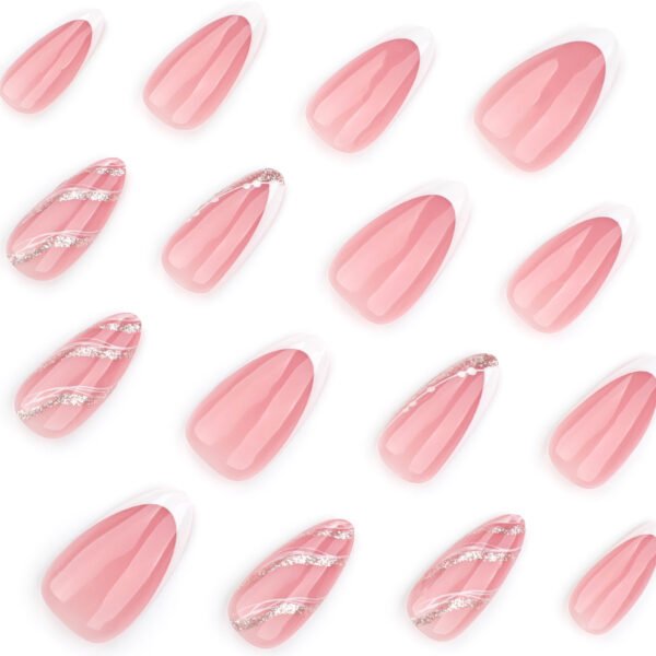 JP3754-Tidal Elegance: Reusable Pearl French Almond Nails w/ Silver Wave Lines​​ Salon-Worthy Minimalism — Apply Faster Than Pouring Champagne