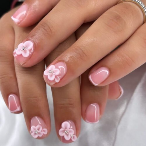 JP3883-Summer Breeze French Press Ons | Blush Gradient & 3D Florals (Short Square)
