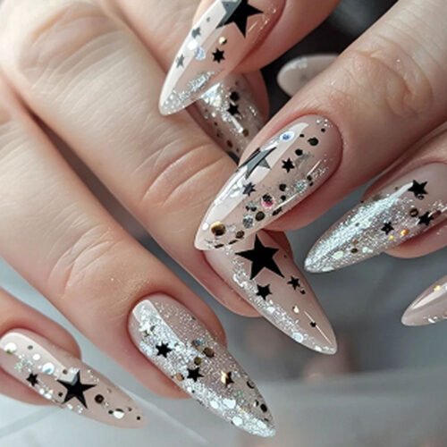 JP3748-Galaxy Rebel Almond Press-Ons: Reusable Black Star Nails with Diamond Glitter | Waterproof + Lightning-Fast