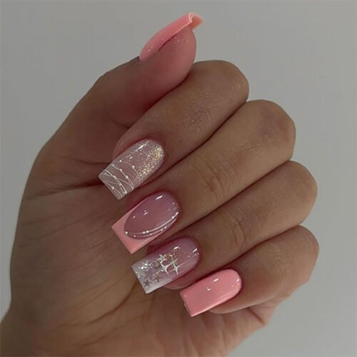 JP3685-Pink Stardust Ballet Squares: Reusable French Fade Nails with Galaxy Lines | Waterproof Artistry