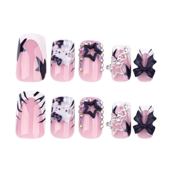 JP3651-Reusable French Press On Nails | Zebra Print & Crystal Stars w/ Detachable Bow Salon-Worthy Manicures in 5 Minutes - Waterproof & Damage-Free