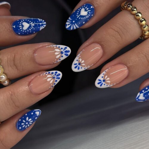 JP3538-Bohemian Rhapsody Almond Nails | Ceramic Blue Hearts & Tribal French Tips | Waterproof Festival-Ready Press Ons​​  ​​Subtitle:​​ Salon-Grade Artisan Nails That Survive Desert Sunsets & Ocean Depths