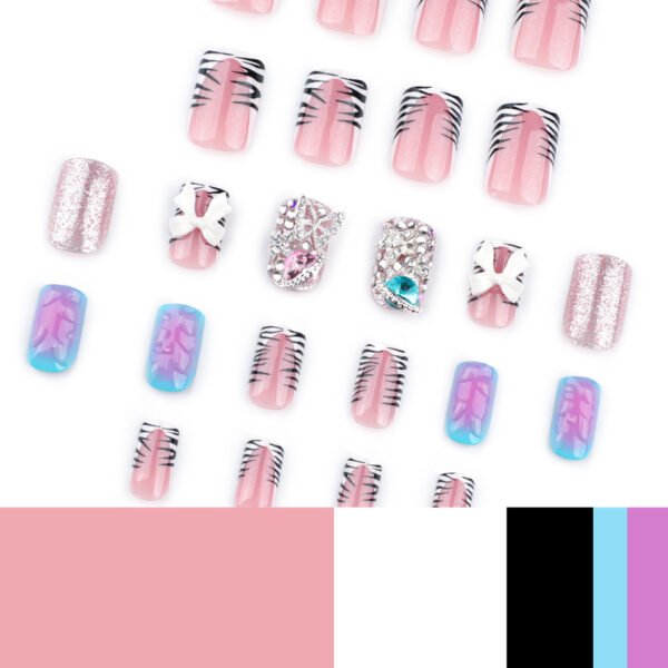JP3654-Effortless Luxury: Reusable Zebra Print French Nails w/ Dazzling Diamonds ✨