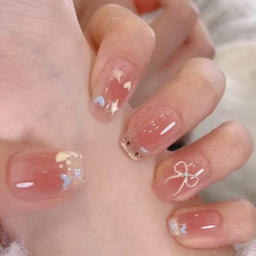 JL0691-Blush & Whispers: Short French Tips with Tiny Hearts (Reusable & Waterproof)