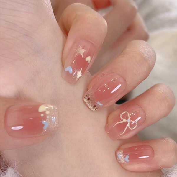 JL0691-Blush & Whispers: Short French Tips with Tiny Hearts (Reusable & Waterproof)