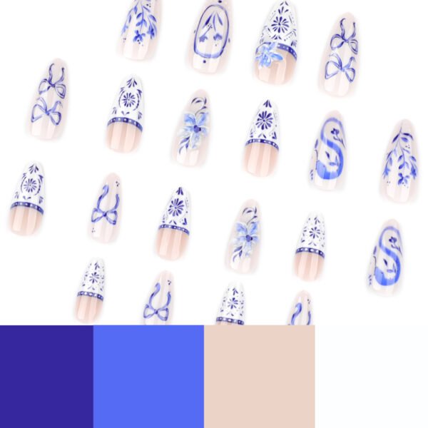 O1CN01zX9vrG2NGHyh8RqZl_!!4234819935-0-cib JP3889-🏮 Silk Road Rebellion: Blue Porcelain Almond Press-Ons w/ Detachable Bows ✨ Snakeskin & Florals • Reusable • Waterproof
