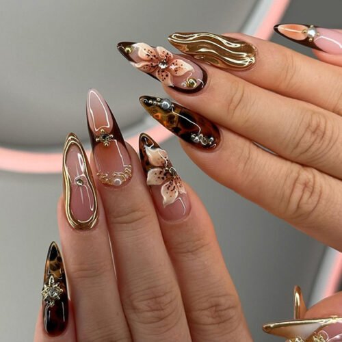 JP3647-Midnight Muse Almond Nails: Reusable Press-Ons with Gothic Florals & Tortoiseshell Alchemy​