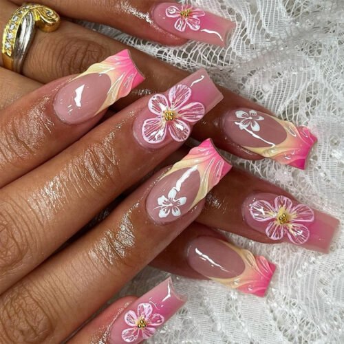 JP3500-Timeless Blush & Florals: Reusable French Press On Nails (Short Square) 💗🌼