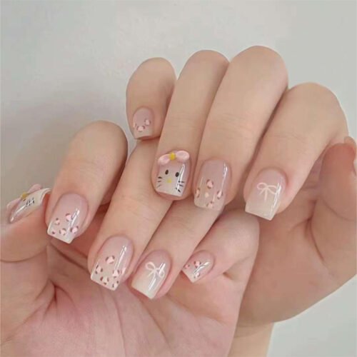 JP4011-Kawaii French Tips: Cat & Leopard Print Fake Nails for Effortless Style