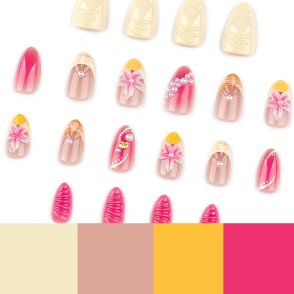 JP3902-Luxury French Medium Square Press On Nails - Reusable Pink Floral Manicure Set | Easy Fake Nails Salon Alternative