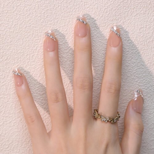 GN050-Alluring Glow Press Ons: Diamond French Tips & Radiant Sheer Base ​​*Salon Seduction in 7 Minutes - Reusable & Waterproof​​*