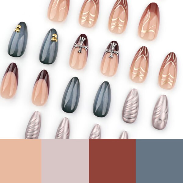 JP3533-Fall's Elevated Minimalist: Coffee-Brown French Tips with Abstract Gold & 3D Cross ✨