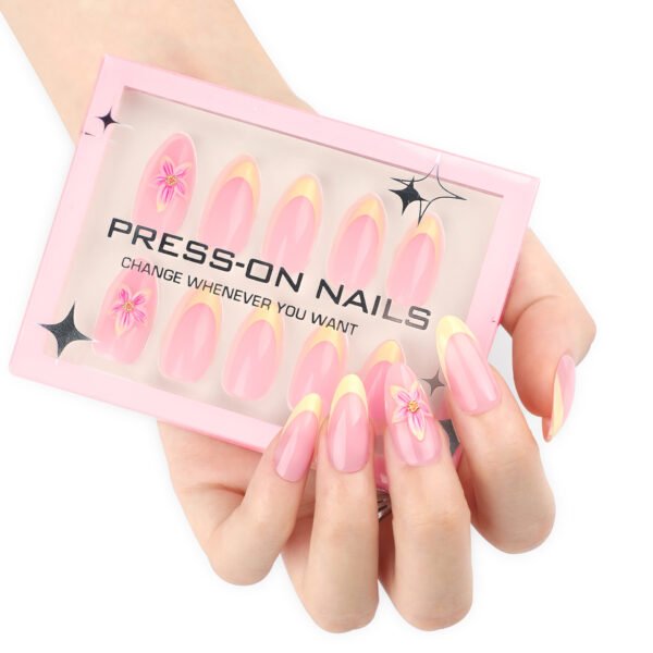 GD59-​​Designer French Almond Press On Nails with Real 3D Daffodil Designs | Reusable Waterproof Falsies Kit | Salon-Quality Manicure Alternative​