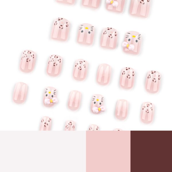 JP4011-Kawaii French Tips: Cat & Leopard Print Fake Nails for Effortless Style