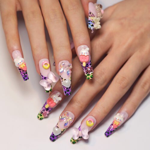 JP2797-Kawaii Charm Burst: Colorful Animal Print French Tips with 3D Bunny Hearts ✨